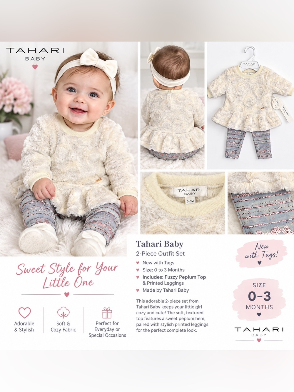 Tahari Baby Girls 2-Piece Outfit Set Cream Fuzzy Top & Leggings 0-3M